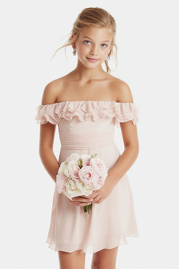 Blush rose dénudé épaule trapèze Robe de demoiselle d’honneur junior courte avec volants